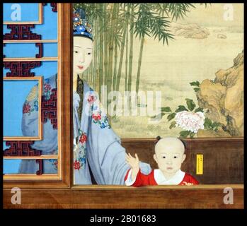 China: Der zukünftige Kaiser von Jiaqing (13. November 1760 - 2. September 1820) mit seiner Mutter, der Kaiserin Xiao Yi Chun (23. Oktober 1727 - 28. Februar 1775). Handscroll Gemälde von Giuseppe Castiglione (1688-1766), c. 1760er. Kaiserin Xiaoyichun stammte aus dem Han-chinesischen Wei-Clan, der später in den Mandschu-Weigiya-Clan umbenannt wurde. Lady Wei wurde 1745 zur Konkubine Ling erhoben, bevor sie 1749 zur Konkubine Ling wurde. Als Kaiserin Nara starb, gab der Kaiser von Qianlong keinen Namen für eine Nachfolgerin, aber Frau Wei wurde die höchste Gemahlin und wurde für den kaiserlichen Harem verantwortlich. Stockfoto