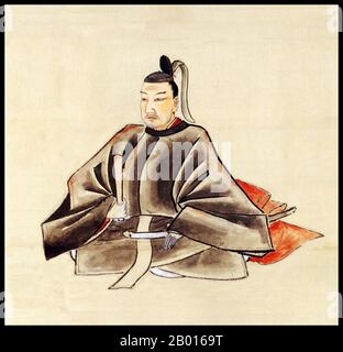 Japan: Tokugawa Ieharu (20. Juni 1737 - 17. September 1786), zehnter Herrscher des Tokugawa-Shogunats (r. 1760-1786). Hängende Schriftrolle, 18. Jahrhundert. Tokugawa Ieharu, geboren in Takechiyo, war der zehnte Shogun des Tokugawa-Shogunats und der älteste Sohn von Tokugawa Ieshige. Während seiner Regierungszeit brach der Berg Asama in Shinano aus, die Verwüstung, die er verursachte, verschärfte die Hungersnot der Großen Tenmei. Liberalisierungsreformen, die Japans isolationistische Außenpolitik gelockert hätten und von einem der Chefberater Ieharus, Tanuma Tonomo-no-kami Okitsugu, angeführt wurden, wurden gestoppt, als Tanuma's Sohn ermordet wurde. Stockfoto