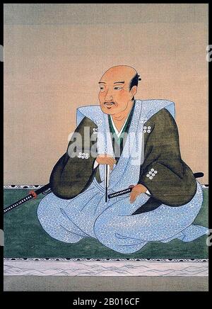 Japan: Sanada Yukimura (1567. - 3. Juni 1615), Samurai-General der Sengoku-Zeit. Hängende Schriftrolle, Edo-Periode. Sanada Yukimura, richtiger Name Nobushige, war ein legendärer Samurai aus der Sengoku-Zeit. Der Sanada-Clan driftete zunächst zwischen den stärkeren Daimyos, bevor er Vasall von Toyotomi Hideyoshi wurde. Yukimura wandte sich jedoch kurz vor der Schlacht von Sekigahara im Jahr 1600 gegen den Verbündeten Tokugawa Ieyasu von Hideyoshi. Er wurde nach Mt. Koya wegen seines Verrats, trotzte aber weiterhin den Tokugawas und wurde ein General für die Verteidiger während der Belagerung von Osaka von 1614-1615, wo er starb. Stockfoto