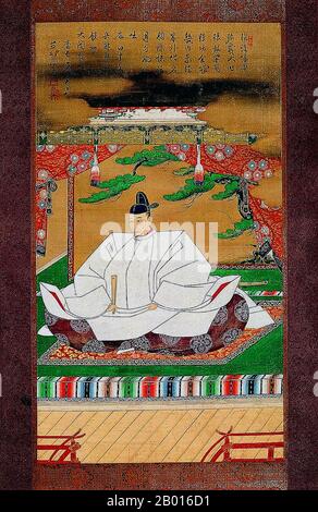 Japan: Toyotomi Hideyoshi (2. Februar 1536 - 18. September 1598), zweite Unifikation Japans. Hängende Schriftrolle Gemälde von Kano Mitsunobu (1565-1608), c. 1601. Toyotomi Hideyoshi, geborene Kinoshita Tokichiro, war in der Sengoku-Zeit ein Daimyo, der die politischen Fraktionen Japans vereinte. Er folgte seinem ehemaligen lehnsherrn, Oda Nobunaga, nach und brachte der Sengoku-Zeit ein Ende. Die Periode seiner Herrschaft wird oft Momoyama genannt, benannt nach Hideyoshis Burg. Er ist bekannt für eine Reihe von kulturellen Hinterlassenschaften und gilt als Japans zweiter „Great Unifier“. Stockfoto