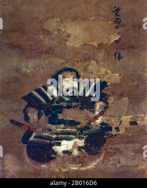 Japan: Shibata Katsuie (1522. – 14. Juni 1583), Samurai und Militärkommandant während der Sengoku-Zeit. Hängende Schriftrolle Malerei, Ende des 16. Jahrhunderts. Katsuie, auch bekannt als Gonroku, war ein Samurai und Halter von Oda Nobuyuki, der seinen herrn gegen seinen älteren Bruder Oda Nobunaga unterstützte. Als Nobuyuki 1556 hingerichtet wurde, blieb Katsuie wegen seiner Brabil und Loyalität verschont. Er wurde bekannt für seine Siege und seine Kampfkünste, die Nobunaga bei der Vereinigung Japans verholten. Als sein Meister 1582 starb, unterstützte Katsuie Nobunagas Enkel Oda Nobutaka und kämpfte gegen Toyotomi Hideyoshi. Stockfoto