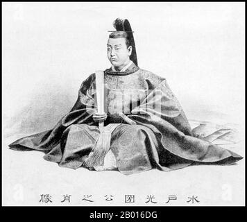 Japan: Tokugawa Mitsukini (11. Juli 1628 - 14. Januar 1701), Daimyo von Mito (r. 1661-1691). Illustration, c. Ende des 19. Jahrhunderts. Tokugawa Mitsukuni, auch bekannt als Mito Komon und geborener Chomaru, war ein wichtiger Daimyo, der für seinen Einfluss in der Politik der frühen Edo-Zeit bekannt war. Als dritter Sohn von Tokugawa Yorifusa (der wiederum der elfte Sohn von Shogun Tokugawa Ieyasu war) folgte ihm Mitsukuni auf, der zweite Daimyo der Mito-Domäne zu werden. Er war für die Zusammenstellung von Gelehrten verantwortlich, um eine präzise Aufzeichnung der japanischen Geschichte zu erstellen, die „Dai Nihonshi“ genannt wurde. Er wird als Kami verehrt. Stockfoto