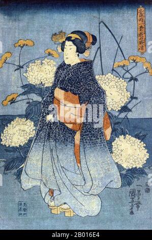 Japan: 'Serie von Schönheiten'. Ukiyo-e Holzschnitt von Utagawa Kuniyoshi (1. Januar 1798 - 14. April 1861). c. 1840er. Utagawa Kuniyoshi war einer der letzten großen Meister des japanischen Ukiyo-e-Stils von Holzschnitt und Malerei. Er ist mit der Utagawa Schule verbunden. Die Bandbreite der bevorzugten Themen von Kuniyoshi umfasste viele Genres: Landschaften, schöne Frauen, Kabuki-Schauspieler, Katzen und mythische Tiere. Er ist bekannt für Darstellungen der Kämpfe von Samurai und legendären Helden. Sein Werk war von westlichen Einflüssen in der Landschaftsmalerei und Karikatur beeinflusst. Stockfoto