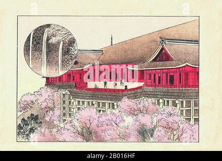 Japan: 'Kiyomizu-Tempel, ein buddhistischer Tempel im Osten von Kyoto'. Ukiyo-e Holzschnitt, 1898. Kiyomizu-dera wurde in der frühen Heian-Zeit gegründet. Der Tempel stammt aus dem Jahr 798, und seine heutigen Gebäude wurden im Jahr 1633 während einer Restaurierung von der Tokugawa Iemitsu angeordnet gebaut. In der gesamten Struktur wird kein einziger Nagel verwendet. Seinen Namen verdankt es dem Wasserfall innerhalb des Komplexes, der von den nahe gelegenen Hügeln abfällt. Kiyomizu bedeutet klares Wasser oder reines Wasser. Der Tempel war ursprünglich mit der alten und einflussreichen Hossō-Sekte aus der Nara-Zeit verbunden. Stockfoto