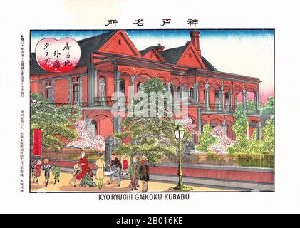 Japan: 'Ausländer Club in Kobe'. Ukiyo-e Holzschnitt, 1897. Kobe ist die sechstgrößte Stadt Japans und die Hauptstadt der Präfektur Hyōgo auf der Südseite der Hauptinsel Honshū, etwa 500 km westlich von Tokio. Kobe ist eine prominente Hafenstadt mit rund 1.5 Millionen Einwohnern. Die Stadt befindet sich in der japanischen Kansai-Region und gehört zusammen mit Osaka und Kyoto zum Großraum Keihanshin. Keihanshin wiederum ist Teil des Taiheiyō-Gürtels, einer Megalopolis. Kobe war eine der Städte, die nach dem Ende der Abgeschiedenheit für den Handel mit dem Westen geöffnet wurde. Stockfoto