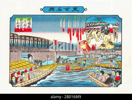 Japan: „eine geschäftige Flussszene, Tokio, mit einem Sumo-Wrestler-Einsatz“. Ukiyo-e Holzschnitt, 1907. Eine farbige Illustration von Nachtschwärmern, die sich in Booten Vergnügen. Stockfoto