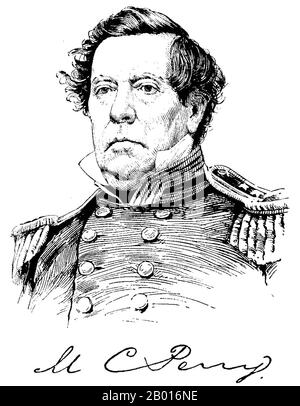 USA: Commodore Matthew Calbraith Perry (10. April 1794 - 4. März 1858). Hochformat, c. 1858. Matthew Calbraith Perry war ein Commodore der US Navy, der die Öffnung Japans nach Westen mit der Konvention von Kanagawa im Jahr 1854 zwang, als er drohte, Edo (Tokio) mit seinen Schiffen zu bombardieren, falls sie Widerstand leisten sollten. Perry hatte Schiffe in mehreren Kriegen befehligt, darunter im Krieg von 1812 und im mexikanisch-amerikanischen Krieg (1846-1848). Sein Eintreten für die Modernisierung der US-Marine führte dazu, dass er als "Vater der Steam Navy" bezeichnet wurde. Stockfoto