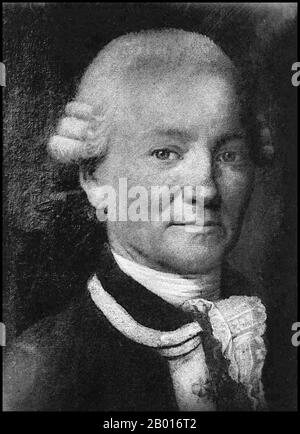 Frankreich: Jean-François de Galaup, Comte de La Pérouse (23. August 1741 - 1788), französischer Entdecker und Marineoffizier. Porträt, 18. Jahrhundert. Jean-François de Galaup, Comte de La Pérouse, war ein französischer Entdecker und Marineoffizier. Im Jahr 1785 beauftragte der König von Frankreich La Perouse mit der Leitung einer Expedition zur Erkundung des Pazifischen Ozeans, zur Untersuchung von Walfang- und Pelzperspektiven und zur Feststellung französischer Ansprüche in diesem Gebiet. La Pérouse hatte den Entdecker James Cook bewundert und wollte seine Arbeit fortsetzen. La Perouse erhielt zwei 500-Tonnen-Schiffe, die Astrolabe und die Boussole genannt wurden. Stockfoto