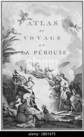 Frankreich: „Atlas du Voyage de La Pérouse“. Frontispiz von Louis-Antoine Destouff Milet-Mureau (1756-1825), c. 1797. Jean-François de Galaup, Comte de La Pérouse (1741-1788) war ein französischer Entdecker und Marineoffizier. Im Jahr 1785 beauftragte der König von Frankreich La Perouse mit der Leitung einer Expedition zur Erkundung des Pazifischen Ozeans, zur Untersuchung von Walfang- und Pelzperspektiven und zur Feststellung französischer Ansprüche in diesem Gebiet. La Pérouse hatte den Entdecker James Cook bewundert und wollte seine Arbeit fortsetzen. Stockfoto