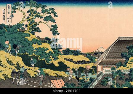 Japan: ‘Sundai, Edo’, auch bekannt als ‘Fuji vom Mishima Pass aus gesehen’. Ukiyo-e Holzschnitt aus der Serie '36 Ansichten des Fuji' von Katsushika Hokusai (31. Oktober 1760 - 10. Mai 1849), c. 1830. Der Fuji ist mit 3.776,24 m (12.389 ft) der höchste Berg Japans. Der Fuji, ein aktiver Stratovulkan, der zuletzt 1707–08 ausbrach, liegt etwa 100 km südwestlich von Tokio. Der außergewöhnlich symmetrische Kegel des Fuji ist ein bekanntes Symbol und Symbol Japans und wird häufig in Kunst und Fotografien dargestellt. Es ist eines der ‘drei Heiligen Berge’ Japans, zusammen mit dem Berg Tate und dem Berg Haku. Stockfoto