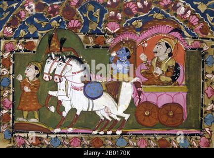 Indien: Krishna und Arjuna auf einem Wagen. Teppich, c. 18th-19th Jahrhundert. Diese berühmte Szene aus der hinduistischen Mythologie zeigt den gott Krishna mit seinem Cousin, Prinz Arjuna, auf einem Wagen, der gegeneinander in den Krieg führt. Aus der Schrift „Bhagavad Gita“ oder „die Gita“ stammt eine klassische Geschichte über Pflicht und Moral, die um Krishnas Niederlage von Arjuna im Kurukshetra-Krieg herum spielt. Krishna erscheint auch in verschiedenen anderen Ereignissen im Hindu-Epos „Mahabharata“. Er wird normalerweise als blauhäutiger Junge dargestellt und oft als ein schelmisch junger Junge dargestellt, der eine Flöte spielt. Stockfoto