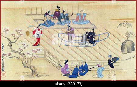 Japan: „die Sumida-gawa, eine Theateraufführung“. Handscroll-Gemälde von Hishikawa Moronobu (1618. - 25. Juli 1694), Ende 17th. Jahrhundert. Yamato-e ist ein Stil japanischer Malerei, inspiriert von Gemälden der Tang-Dynastie und entwickelt in der späten Heian-Zeit. Es gilt als der klassische japanische Stil. Aus der Muromachi-Zeit (15th. Jahrhundert) wurde der Begriff Yamato-e verwendet, um Arbeiten von zeitgenössischen chinesischen Malereien (kara-e) zu unterscheiden, die von den Gemälden des Zen-Buddhismus der Song- und Yuan-Dynastie inspiriert wurden. Stockfoto