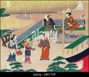 Japan: 'Blick in die Nähe von Kyoto'. Handscroll Gemälde von einem unbekannten Tosa School Künstler, 17th Jahrhundert. Yamato-e ist ein Stil japanischer Malerei, inspiriert von Gemälden der Tang-Dynastie und entwickelt in der späten Heian-Zeit. Es gilt als der klassische japanische Stil. Aus der Muromachi-Zeit (15th. Jahrhundert) wurde der Begriff Yamato-e verwendet, um Arbeiten von zeitgenössischen chinesischen Malereien (kara-e) zu unterscheiden, die von den Gemälden des Zen-Buddhismus der Song- und Yuan-Dynastie inspiriert wurden. Stockfoto