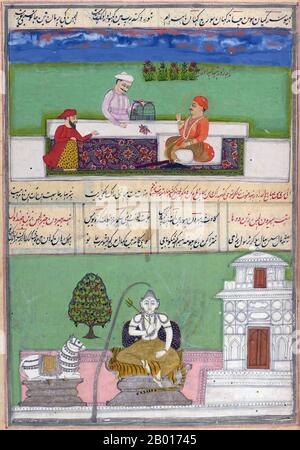 Indien: 'Oben: Raja Rao Rabanha Bahadur mit zwei Männern und Vogel auf dem Tisch; unten: Bhairav Raga, as Siva'. Ragamala Miniaturmalerei, c. 1800. Ragamala Paintings sind eine Serie von illustrativen Gemälden aus dem mittelalterlichen Indien, die auf Ragamala oder der 'Garland of Ragas' basieren und verschiedene indische Musikknoten, Ragas, darstellen. Sie stehen als klassisches Beispiel für die Verschmelzung von Kunst, Poesie und klassischer Musik im mittelalterlichen Indien. Ragamala Gemälde wurden in den meisten Schulen der indischen Malerei erstellt, beginnend in den 16th und 17th Jahrhunderten. Stockfoto