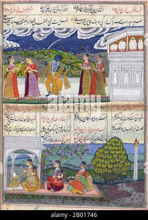 Indien: „Oben: Megha Raga, als Krishna, mit einem Säbel, mit vier weiblichen Begleitern; unten: Bhairavi Ragini, der den Shiva-Schrein mit zwei weiblichen Begleitern führt“. Ragamala Miniaturmalerei, c. 1800. Ragamala Paintings sind eine Serie von illustrativen Gemälden aus dem mittelalterlichen Indien, die auf Ragamala oder der 'Garland of Ragas' basieren und verschiedene indische Musikknoten, Ragas, darstellen. Sie stehen als klassisches Beispiel für die Verschmelzung von Kunst, Poesie und klassischer Musik im mittelalterlichen Indien. Ragamala Gemälde wurden in den meisten Schulen der indischen Malerei erstellt, beginnend in den 16th und 17th Jahrhunderten. Stockfoto