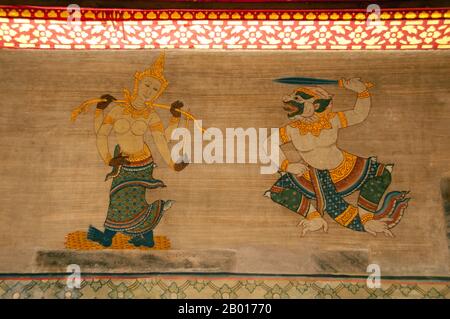 Thailand: Wandgemälde aus dem 19th. Jahrhundert, gemalt während der Herrschaft von Rama III (1787-1851) in den Massagewänden, Wat Pho (Tempel des Reclining Buddha), Bangkok. Thai-Massage, wie traditionelle Thai-Medizin im Allgemeinen, ist eine Kombination von Einflüssen aus indischen, chinesischen, südostasiatischen Kulturkreisen und Traditionen der Medizin. Die Kunst, wie sie heute praktiziert wird, ist das Ergebnis einer Synthese aus verschiedenen Heilstraditionen aus dem ganzen Königreich aus dem 19th. Jahrhundert. Noch heute gibt es in ganz Thailand erhebliche Unterschiede zwischen den Regionen. Stockfoto