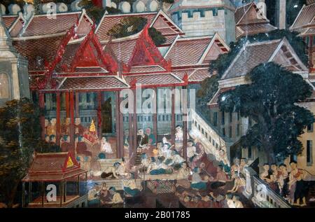 Thailand: Wandbild einer buddhistischen religiösen Zeremonie im Hauptviharn im Wat Ratchapradit, Bangkok. Wat Ratchapradit (Rajapradit) wurde in der Mitte des 19th. Jahrhunderts während der Herrschaft von König Mongkut (Rama IV) errichtet. Viele der Wandmalereien im Hauptviharn stellen thailändische Zeremonien und Feste dar, die im Laufe des Jahres stattfinden und Ende des 19th. Jahrhunderts gemalt wurden. Stockfoto