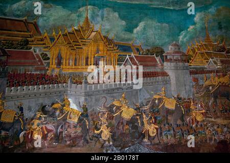 Thailand: Der König inspiziert seine Truppen vom Wat Phra Kaew (dem Großen Palast), einer Szene aus einem Wandgemälde im Hauptviharn, Wat Rakhang, Bangkok. Wat Rakhang Kositaram Woramahawihan (Rakang) wurde ursprünglich während der Ayutthaya-Zeit (1351 - 1767) erbaut, wurde aber von König Buddha Yodfa Chulaloke (Rama I, 20. März 1736 – 7. September 1809) renoviert und liegt auf der Thonburi-Seite des Chao Phraya-Flusses in Bangkok. Rama Ich lebte auf dem Tempelgelände, bevor er König wurde. Stockfoto