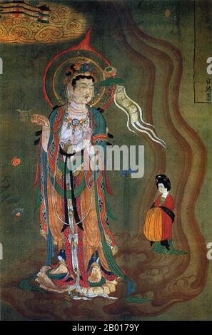 China: 'Bodhisattva führt den Weg'. Hängende Schriftrolle Malerei, Mogao Cave 17, Dunhuang, c. 875. Detail eines Wandbildes, das zeigt, wie eine weibliche Spenderin den Höhlen von Mogao von der Bodhisattva Avalokitesvara als Belohnung für ihre Verdienste ins Paradies geführt wird. Guan Yin (Guanyin), auch bekannt als Kuan Yin und Guanshiyin, ist der Bodhisattva der Barmherzigkeit und des Mitgefühls im Buddhismus. Sie ist das ostasiatische Äquivalent von Avalokitesvara und besonders in der chinesischen Volksreligion beliebt. Sie wurde von Jesuitenmissionaren in China als „Göttin der Barmherzigkeit“ bezeichnet. Stockfoto