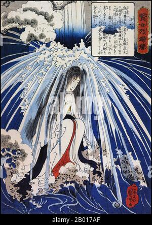Japan: 'Hatsuhana tut Buße unter dem Tonosawa-Wasserfall'. Ukiyo-e Holzschnitt von Utagawa Kuniyoshi (1. Januar 1798 - 14. April 1861), c. 1841-1842. Utagawa Kuniyoshi war einer der letzten großen Meister des japanischen Ukiyo-e-Stils von Holzschnitt und Malerei. Er ist mit der Utagawa Schule verbunden. Die Bandbreite der bevorzugten Themen von Kuniyoshi umfasste viele Genres: Landschaften, schöne Frauen, Kabuki-Schauspieler, Katzen und mythische Tiere. Er ist bekannt für Darstellungen der Kämpfe von Samurai und legendären Helden. Sein Werk war von westlichen Einflüssen beeinflusst. Stockfoto