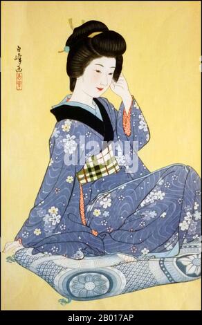 Japan: „Junges Mädchen“. Ukiyo-e Holzschnitt von Hirano Hakuho (1879-1957), 1932. Hirano Hakuho war ein Künstler der Shin Hanga Bewegung. Shin Hanga ('New Prints') war eine Kunstbewegung im Japan des frühen 20th. Jahrhunderts während der Taishō- und Shōwa-Periode, die traditionelle Ukiyo-e-Kunst, die in der Edo- und Meiji-Zeit (17th.-19th. Jahrhundert) verwurzelt war, wiederbelebte. Die Bewegung blühte von etwa 1915 bis 1942, obwohl sie kurz von 1946 bis 1950s wieder aufgenommen. Inspiriert vom europäischen Impressionismus, haben die Künstler westliche Elemente wie Lichteffekte und den Ausdruck individueller Stimmungen integriert. Stockfoto