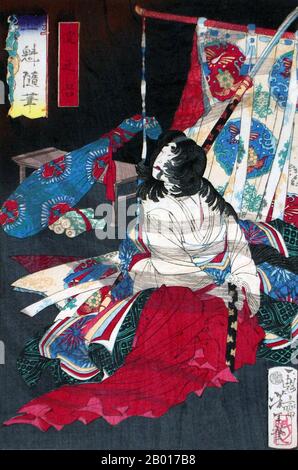 Japan: „Lady Yodo Dono begeht Selbstmord im Schloss Osaka“. Burg. Ukiyo-e Holzschnitt aus der Serie 'Essays by Yoshitoshi' von Tsukioka Yoshitoshi (1839. - 9. Juni 1892), 1873. Yodo-dono (1567. - 4. Juni 1615) war eine prominent platzierte Figur in der späten Sengoku-Periode. Sie war eine Konkubine und zweite Frau von Toyotomi Hideyoshi, der damals der mächtigste Mann Japans war. Sie wurde auch die Mutter seines Sohnes und Nachfolgers Hideyori. Tsukioka Yoshitoshi, auch Taiso Yoshitoshi genannt, war ein japanischer Künstler. Er ist weithin als der letzte große Meister von Ukiyo-e anerkannt Stockfoto
