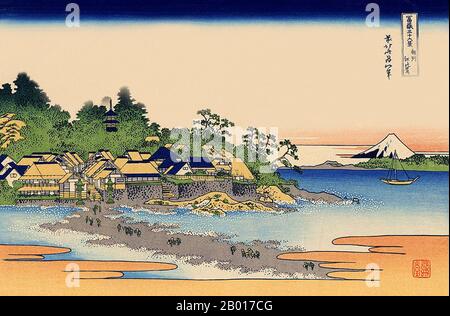 Japan: „Enoshima in der Bucht von Sagami“. Ukiyo-e Holzschnitt aus der Serie ‘Thirty-Six views of Mount Fuji’ von Katsushika Hokusai (31. Oktober 1760 - 10. Mai 1849), 1830. ‘Thirty-Six Views of Mount Fuji’ ist eine Serie von Holzschnitten der japanischen Künstlerin Katsushika Hokusai, die „Sukiyo-e“ ‘. Die Serie zeigt den Fuji in unterschiedlichen Jahreszeiten und Wetterbedingungen an verschiedenen Orten und Entfernungen. Es besteht tatsächlich aus 46 Drucken, die zwischen 1826 und 1833 entstanden sind. Die ersten 36 wurden in die Originalpublikation aufgenommen, und aufgrund ihrer Popularität wurden nach der Originalpublikation 10 weitere hinzugefügt. Stockfoto