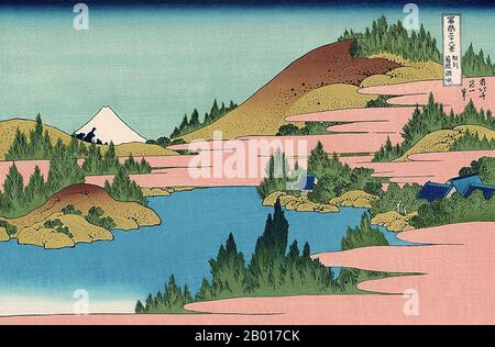 Japan: ‘Hakone-See in der Provinz Sagami“. Ukiyo-e Holzschnitt aus der Serie ‘Thirty-Six views of Mount Fuji’ von Katsushika Hokusai (31. Oktober 1760 - 10. Mai 1849), 1830. ‘Thirty-Six Views of Mount Fuji’ ist eine Serie von Holzschnitten der japanischen Künstlerin Katsushika Hokusai, die „Sukiyo-e“ ‘. Die Serie zeigt den Fuji in unterschiedlichen Jahreszeiten und Wetterbedingungen an verschiedenen Orten und Entfernungen. Es besteht tatsächlich aus 46 Drucken, die zwischen 1826 und 1833 entstanden sind. Die ersten 36 wurden in die ursprüngliche Publikation aufgenommen und aufgrund ihrer Popularität kamen 10 weitere hinzu. Stockfoto