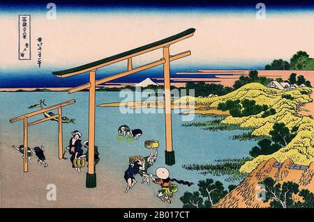 Japan: ‘Noboto Bay’. Ukiyo-e Holzschnitt aus der Serie ‘Thirty-Six views of Mount Fuji’ von Katsushika Hokusai (31. Oktober 1760 - 10. Mai 1849), 1830. ‘Thirty-Six Views of Mount Fuji’ ist eine Serie von Holzschnitten der japanischen Künstlerin Katsushika Hokusai, die „Sukiyo-e“ ‘. Die Serie zeigt den Fuji in unterschiedlichen Jahreszeiten und Wetterbedingungen an verschiedenen Orten und Entfernungen. Es besteht tatsächlich aus 46 Drucken, die zwischen 1826 und 1833 entstanden sind. Die ersten 36 wurden in die Originalpublikation aufgenommen, und aufgrund ihrer Popularität wurden nach der Originalpublikation 10 weitere hinzugefügt. Stockfoto