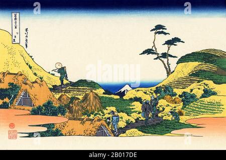 Japan: ‘Shimomeguro (Lower Meguro)’. Ukiyo-e Holzschnitt aus der Serie ‘Thirty-Six views of Mount Fuji’ von Katsushika Hokusai (31. Oktober 1760 - 10. Mai 1849), 1830. ‘Thirty-Six Views of Mount Fuji’ ist eine Serie von Holzschnitten der japanischen Künstlerin Katsushika Hokusai, die „Sukiyo-e“ ‘. Die Serie zeigt den Fuji in unterschiedlichen Jahreszeiten und Wetterbedingungen an verschiedenen Orten und Entfernungen. Es besteht tatsächlich aus 46 Drucken, die zwischen 1826 und 1833 entstanden sind. Die ersten 36 wurden in die Originalpublikation aufgenommen, und aufgrund ihrer Popularität wurden nach der Originalpublikation 10 weitere hinzugefügt. Stockfoto