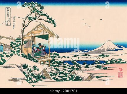 Japan: ‘Koishikawa am Morgen nach einem Schneefall’. Ukiyo-e Holzschnitt aus der Serie ‘Thirty-Six views of Mount Fuji’ von Katsushika Hokusai (31. Oktober 1760 - 10. Mai 1849), 1830. ‘Thirty-Six Views of Mount Fuji’ ist eine Serie von Holzschnitten der japanischen Künstlerin Katsushika Hokusai, die „Sukiyo-e“ ‘. Die Serie zeigt den Fuji in unterschiedlichen Jahreszeiten und Wetterbedingungen an verschiedenen Orten und Entfernungen. Es besteht tatsächlich aus 46 Drucken, die zwischen 1826 und 1833 entstanden sind. Die ersten 36 wurden in die ursprüngliche Publikation aufgenommen und aufgrund ihrer Popularität kamen 10 weitere hinzu. Stockfoto