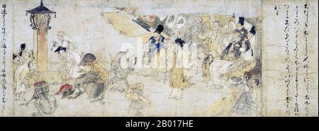 Japan: „Hungry Ghosts Scroll“. Detail aus einem Handscroll-Gemälde, Ende 12th Jahrhundert. Zweiter Abschnitt der Hungry Ghosts Scroll im Kyoto National Museum. Diese Schriftrolle zeigt die Welt der hungrigen Geister, eines der sechs Bereiche des Buddhismus und enthält Geschichten über die Rettung der hungrigen Geister. Dieser spezielle Abschnitt erklärt, wie diejenigen, die als hungrige Geister geboren wurden, durch die Opfer der Lebenden gerettet werden. Die zentrale Szene dieser Sektion zeigt Menschen, die Wasser auf einen Grabmarker für das Ullambana-Fest für die Toten gießen. Stockfoto