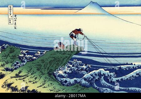 Japan: ‘Kajikazawa in der Provinz Kai’. Ukiyo-e Holzschnitt aus der Serie ‘36 Ansichten des Fuji’ von Katsushika Hokusai (31. Oktober 1760 - 10. Mai 1849), c. 1830. ‘36 Views of Mount Fuji’ ist eine ‘„Sukiyo-e“-Serie großer Holzschnitte der Künstlerin Katsushika Hokusai. Die Serie zeigt den Fuji in unterschiedlichen Jahreszeiten und Wetterbedingungen an verschiedenen Orten und Entfernungen. Es besteht tatsächlich aus 46 Drucken, die zwischen 1826 und 1833 entstanden sind. Die ersten 36 wurden in die Originalpublikation aufgenommen, und aufgrund ihrer Popularität wurden nach der Originalpublikation 10 weitere hinzugefügt. Stockfoto