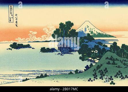 Japan: ‘Shichiri Beach in der Provinz Sagami’. Ukiyo-e Holzschnitt aus der Serie ‘36 Ansichten des Fuji’ von Katsushika Hokusai (31. Oktober 1760 - 10. Mai 1849), c. 1830. ‘36 Views of Mount Fuji’ ist eine ‘„Sukiyo-e“-Serie großer Holzschnitte der Künstlerin Katsushika Hokusai. Die Serie zeigt den Fuji in unterschiedlichen Jahreszeiten und Wetterbedingungen an verschiedenen Orten und Entfernungen. Es besteht tatsächlich aus 46 Drucken, die zwischen 1826 und 1833 entstanden sind. Die ersten 36 wurden in die Originalpublikation aufgenommen, und aufgrund ihrer Popularität kamen danach 10 weitere hinzu. Stockfoto