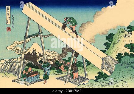 Japan: ‘in den Bergen von Totomi’. Ukiyo-e Holzschnitt aus der Serie ‘36 Ansichten des Fuji’ von Katsushika Hokusai (31. Oktober 1760 - 10. Mai 1849), c. 1830. ‘36 Views of Mount Fuji’ ist eine ‘„Sukiyo-e“-Serie großer Holzschnitte der Künstlerin Katsushika Hokusai. Die Serie zeigt den Fuji in unterschiedlichen Jahreszeiten und Wetterbedingungen an verschiedenen Orten und Entfernungen. Es besteht tatsächlich aus 46 Drucken, die zwischen 1826 und 1833 entstanden sind. Die ersten 36 wurden in die Originalpublikation aufgenommen, und aufgrund ihrer Popularität wurden nach der Originalpublikation 10 weitere hinzugefügt. Stockfoto