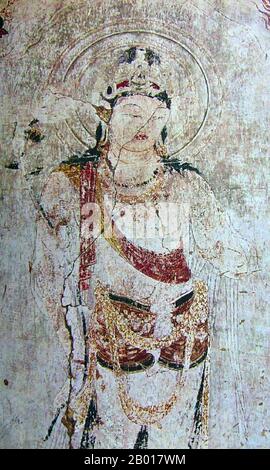 Japan: Verschollenes Fresko des Horyuji-Tempels aus einem Foto aus der Zeit vor 1949: Wand Nr. 3, Avalokitesvara, Detail. Hōryū-ji (Tempel des blühenden Gesetzes) ist ein buddhistischer Tempel in Ikaruga, Präfektur Nara, Japan. Sein vollständiger Name ist Hōryū Gakumonji, oder Lerntempel des blühenden Gesetzes, der Komplex, der sowohl als Seminar als auch als Kloster dient. Im Jahr 1993 wurde Hōryū-ji als UNESCO-Weltkulturerbe unter dem Namen Buddhistische Denkmäler in der Region Hōryū-ji ausgezeichnet. Die japanische Regierung listet mehrere ihrer Strukturen, Skulpturen und Artefakte als Nationalschätze auf. Stockfoto