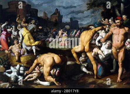 Palästina/Niederlande: „Massaker an den Unschuldigen“. Öl auf Leinwand, Gemälde von Cornelis Van Haarlem (1562. - 11. November 1638), 1590. Van Haarlem zeigt eine schreckliche Szene aus dem Alten Testament der christlichen Bibel in diesem Öl auf Leinwand Meisterwerk aus dem 16th. Jahrhundert. König Herodes hat gehört, dass in Bethlehem ein neuer König der Juden geboren wurde. Da er den Messias nicht identifizieren kann, befiehlt er seinen Soldaten, jeden Jungen im Alter von zwei oder weniger Jahren in Bethlehem zu töten. Nach der hebräischen Bibel waren Maria und Josef bereits mit ihrem Neugeborenen Jesus nach Ägypten geflohen. Sie blieben in Ägypten bis nach dem Tod des Herodes. Stockfoto