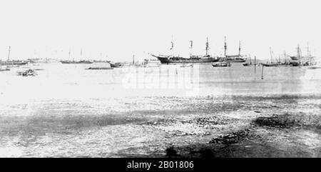 Äthiopien: Britische Marineschiffe in Annelsey Bay, Äthiopien, Dezember 1867. Die britische Expedition nach Abessinien 1868 war eine Strafexpedition, die von Streitkräften des britischen Empire gegen das äthiopische Reich durchgeführt wurde. Kaiser Tewodros II. Von Äthiopien, auch bekannt als „Theodore“, inhaftierte mehrere Missionare und zwei Vertreter der britischen Regierung. Die von den Briten als Reaktion auf die Strafexpedition ins Leben gerufene Expedition erforderte den Transport einer beträchtlichen Militärmacht, die Hunderte von Meilen durch bergiges Gelände ohne jegliches Straßensystem führte. Stockfoto