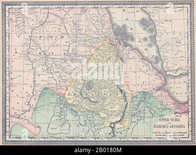 Äthiopien: Karte von Upper Nubia und Habesh oder Abessinien, 1882. Die britische Expedition nach Abessinien 1868 war eine Strafexpedition, die von Streitkräften des britischen Empire gegen das äthiopische Reich durchgeführt wurde. Kaiser Tewodros II. Von Äthiopien, auch bekannt als „Theodore“, inhaftierte mehrere Missionare und zwei Vertreter der britischen Regierung. Die von den Briten als Reaktion auf die Strafexpedition ins Leben gerufene Expedition erforderte den Transport einer beträchtlichen Militärmacht, die Hunderte von Meilen durch bergiges Gelände ohne jegliches Straßensystem führte. Stockfoto