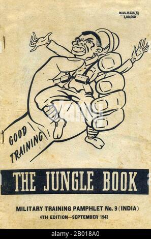 China/Burma/Indien: „The Jungle Book“, ein militärisches Schulungshandbuch für alliierte Streitkräfte, die im CBI-Theater kämpfen, 1943. Der Titel ist ein Theaterstück zu Rudyard Kiplings „Dschungelbuch“ (1894). Das Thema ist Dschungelkrieg. China Burma India Theatre (CBI) war der Name, der von der US-Armee für ihre Streitkräfte verwendet wurde, die während des Zweiten Weltkriegs in Verbindung mit britischen und chinesischen alliierten Luft- und Landstreitkräften in China, Burma und Indien operierten Stockfoto