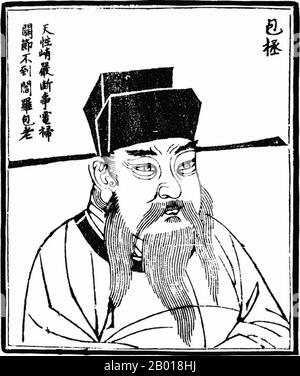 China: Bao Zheng (5. März 999 - 3. Juli 1062), Politiker und Gerichtsbeamter von Kaiser Renzong aus der Nördlichen Song Dynastie (1127-1279). Holzschnitt aus 'Bilder alter Menschen in der Geschichte', c. 1498. Bao Zheng wird heute als Symbol der Gerechtigkeit in China respektiert. Im Laufe der Geschichte erschienen seine weitgehend fiktionalisierten Geschichten in einer Vielzahl verschiedener literarischer und dramatischer Genres und erfreuten sich anhaltender Beliebtheit. Geboren in einer Gelehrten-Familie in Hefei, war er berühmt für seine kompromisslose Haltung gegen Korruption unter Regierungsbeamten. Stockfoto