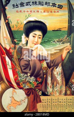 Japan: Werbeplakat für die Japan Mail Steamship Company, 1909. Japan Mail Steamship Co. (NYK) Plakat mit einer jungen Frau mit Kimono-Anzüge, die sich über einer Karte von Hokkaido, Nordjapan, lehnend, zeigt maritime Verbindungen mit dem südlichen Sakhalin und den Kuril-Inseln - beide 1909 unter japanischer Verwaltung. Stockfoto