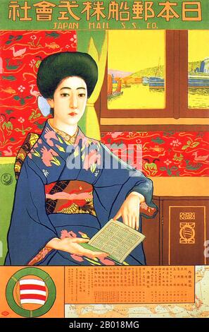 Japan: Werbeplakat für die Japan Mail Steamship Company von Hashiguchi Goyo (21. Februar 1880 - 4. Februar 1921), 1914. Japan Mail Steamship Co. (NYK) Poster mit einer jungen Frau im Kimono-Stil. Stockfoto