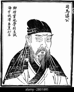 China: Sima Guang (17. November 1019 - 11. Oktober 1086), eine chinesische Historikerin, Gelehrte und hohe Kanzlerin der Northen Song Dynastie (960-1127). Holzschnitt aus 'Bilder alter Menschen in der Geschichte', c. 1498. Sima Guang, Höflichkeitsname Junshi und Künstlername Yusou, wurde 1019 im heutigen Yuncheng, Shanxi, in einer wohlhabenden Familie geboren und erlangte frühe Erfolge als Gelehrter und Offizier. Als er gerade zwanzig Jahre alt war, bestand er die kaiserliche Prüfung mit dem höchsten Rang von jinshi (Großstädtischen Absolvent) und verbrachte die nächsten Jahre in offiziellen Positionen. Stockfoto