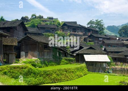 China: Datang, ein Dorf in Miao südöstlich von Kaili, Provinz Guizhou. Die Miao sind eine sprachlich und kulturell verwandte Gruppe von Menschen, die von der Regierung der Volksrepublik China als eine der 55 offiziellen Minderheitengruppen anerkannt wird. Miao ist ein chinesischer Begriff und spiegelt nicht die Selbstbezeichnungen der Teilgruppen wider, zu denen (mit einigen Schreibvarianten) Hmong, Hmu, A Hmao und Kho (Qho) Xiong gehören. Die Miao leben hauptsächlich in Südchina, in den Provinzen Guizhou, Hunan, Yunnan, Sichuan, Guangxi, Hainan, Guangdong und Hubei. Stockfoto