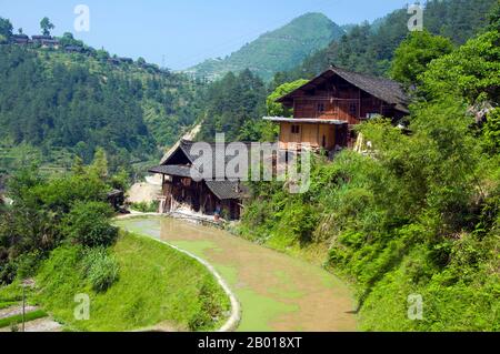 China: Das Dorf Langde Shang in Miao, südöstlich von Kaili, Provinz Guizhou. Die Miao sind eine sprachlich und kulturell verwandte Gruppe von Menschen, die von der Regierung der Volksrepublik China als eine der 55 offiziellen Minderheitengruppen anerkannt wird. Miao ist ein chinesischer Begriff und spiegelt nicht die Selbstbezeichnungen der Teilgruppen wider, zu denen (mit einigen Schreibvarianten) Hmong, Hmu, A Hmao und Kho (Qho) Xiong gehören. Die Miao leben hauptsächlich in Südchina, in den Provinzen Guizhou, Hunan, Yunnan, Sichuan, Guangxi, Hainan, Guangdong und Hubei. Stockfoto