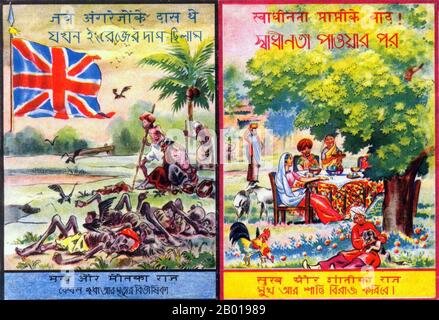 Indien: Japanisches Propagandaplakat des Zweiten Weltkriegs, das das Elend des Lebens unter dem britischen Raj und den Wohlstand darstellt, der durch Unabhängigkeit erreichbar ist, c. 1941-1945. China Burma India Theatre (CBI) war der Name, der von der US-Armee für ihre Streitkräfte verwendet wurde, die während des Zweiten Weltkriegs in Verbindung mit britischen und chinesischen alliierten Luft- und Landstreitkräften in China, Burma und Indien operierten Bekannte US-Einheiten in diesem Theater waren die Flying Tigers, Transport- und Bombereinheiten, die den Hump fliegen, und die 1. Air Commando Group, die Ingenieure, die Ledo Road gebaut haben. Stockfoto