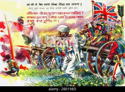 Indien: Japanisches Propagandaflyer über den Zweiten Weltkrieg, das die Briten zeigt, wie sie aus dem Mund von Kanonen Inder blasen - ein Hinweis auf den indischen Unabhängigkeitskrieg von 1857, c. 1941-1945. China Burma India Theatre (CBI) war der Name, der von der US-Armee für ihre Streitkräfte verwendet wurde, die während des Zweiten Weltkriegs in Verbindung mit britischen und chinesischen alliierten Luft- und Landstreitkräften in China, Burma und Indien operierten Bekannte US-Einheiten in diesem Theater waren die Flying Tigers, Transport- und Bombereinheiten, die den Hump fliegen, und die 1. Air Commando Group, die Ingenieure, die Ledo Road gebaut haben. Stockfoto