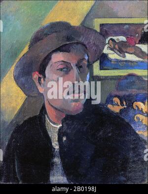 Frankreich/Tahiti: „Selbstporträt in einem Hut“. Öl auf Leinwand von Paul Gauguin (7. Juni 1848 - 8. Mai 1903), 1893. Paul Gauguin wurde 1848 in Paris geboren und verbrachte einen Teil seiner Kindheit in Peru. Er arbeitete als Börsenmakler mit wenig Erfolg und litt an schweren Depressionen. Er malte auch. 1891 segelte Gauguin, frustriert durch mangelnde Anerkennung zu Hause und finanziell mittellos, in die Tropen, um der europäischen Zivilisation und "allem, was künstlich und konventionell ist" zu entkommen. Seine Zeit dort, vor allem in Tahiti und den Marquesas-Inseln, war das Thema von großem Interesse. Stockfoto