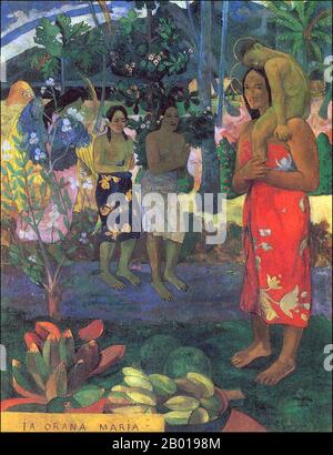 Tahiti: 'Ia Orana Maria' (Ave Maria). Öl auf Leinwand von Paul Gauguin (7. Juni 1848 - 8. Mai 1903), 1891. Paul Gauguin wurde 1848 in Paris geboren und verbrachte einen Teil seiner Kindheit in Peru. Er arbeitete als Börsenmakler mit wenig Erfolg und litt an schweren Depressionen. Er malte auch. 1891 segelte Gauguin, frustriert durch mangelnde Anerkennung zu Hause und finanziell mittellos, in die Tropen, um der europäischen Zivilisation und "allem, was künstlich und konventionell ist" zu entkommen. Seine Zeit dort, vor allem in Tahiti und den Marquesas-Inseln, war das Thema von großem Interesse. Stockfoto